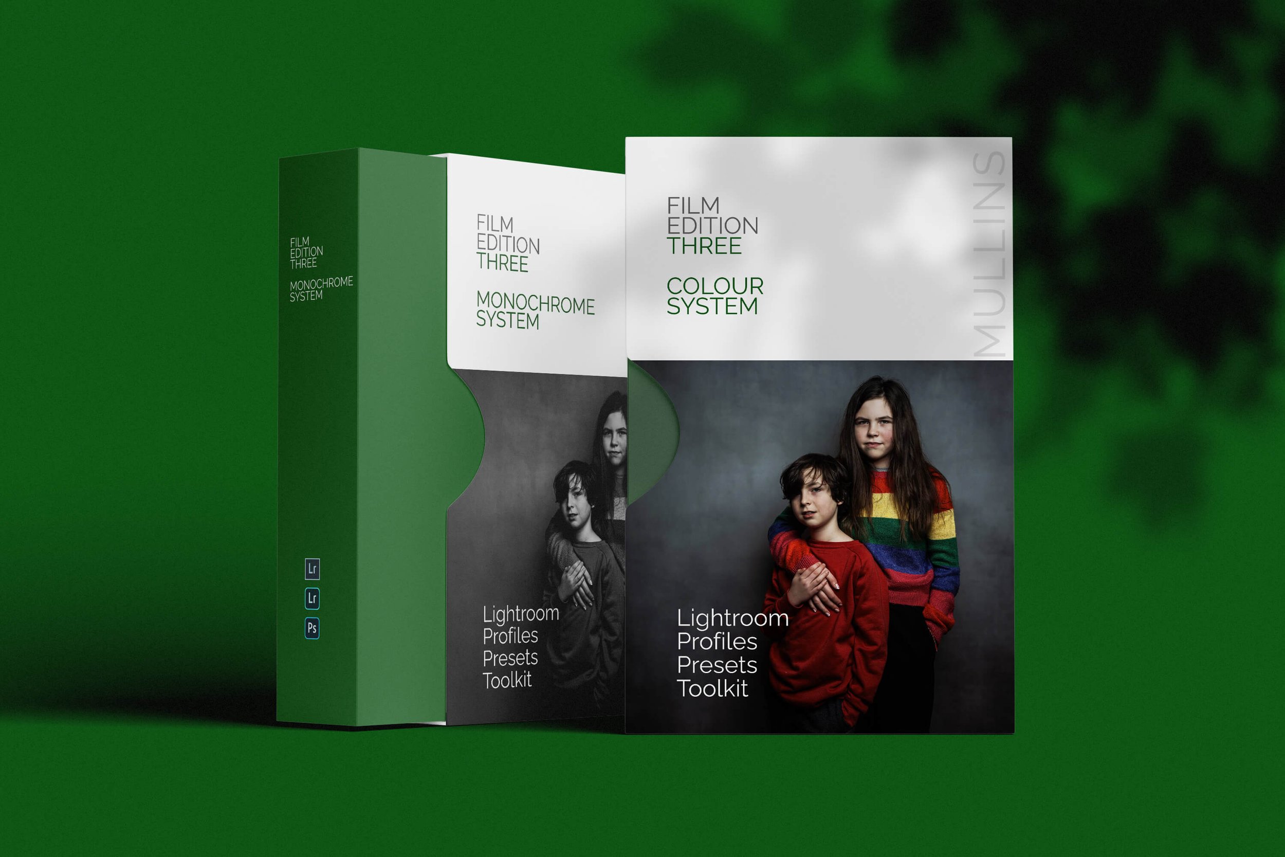 Box and brochure for Lightroom Presets Toolkit, Film Edition Three, monochrome and color system, featuring a photo of two children, one in black and white and the other in color, standing against a dark background.