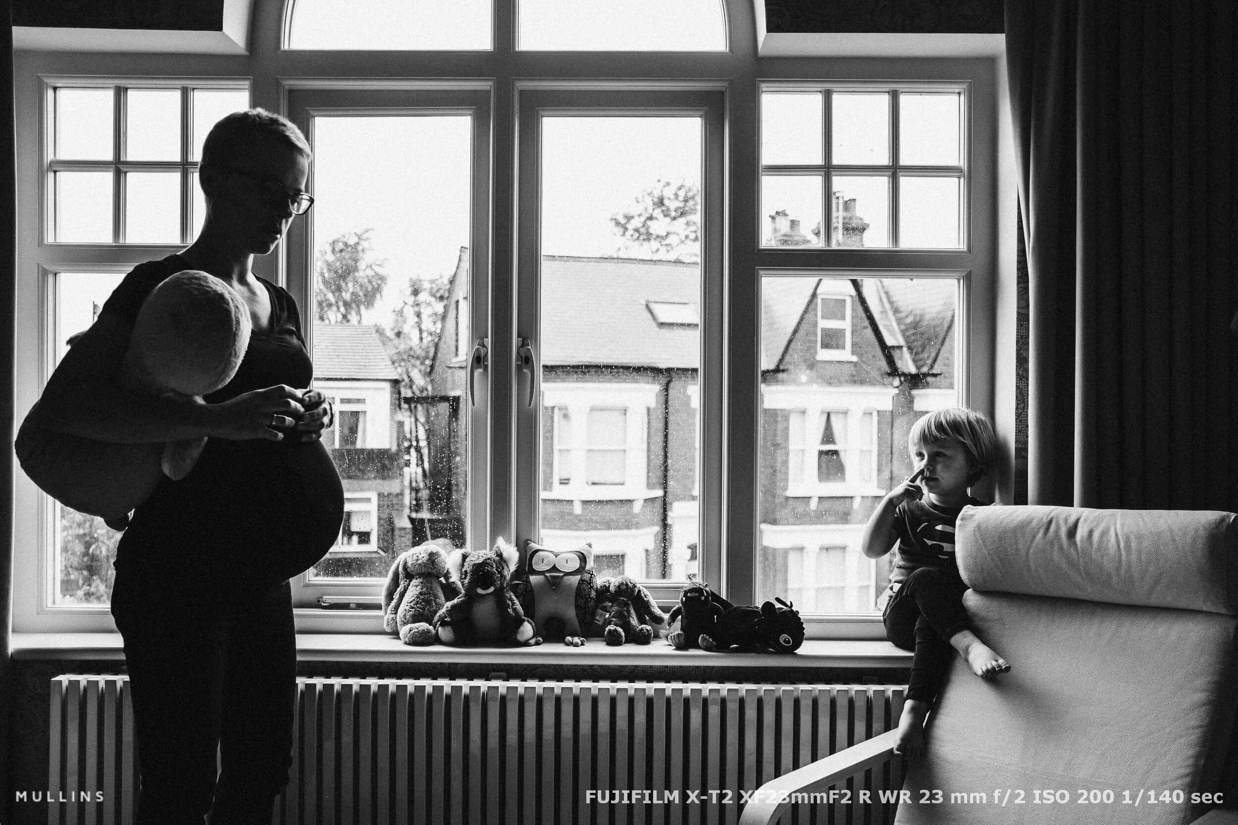 Quiet domestic scene of a pregnant woman holding a soft toy and a young child sitting by a window surrounded by stuffed animals