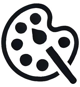 A black and white illustration of an artist's paint palette with a paintbrush resting on it.